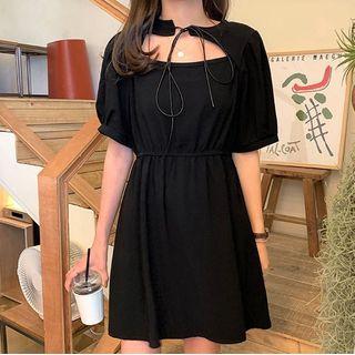 Cutout-front Tie-neck Short-sleeve Mini A-line Dress