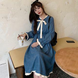 Bow-neck Ruffle Trim Midi A-line Dress