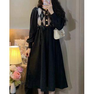 Puff-sleeve Argyle Print Panel Midi A-line Dress
