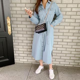 Denim Maxi Shirtdress & Sash Light Blue - One Size