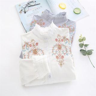 Stand Collar Frilled Embroidery Blouse