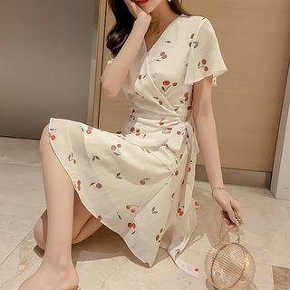 Short-sleeve Cherry Patterned A-line Wrap Dress
