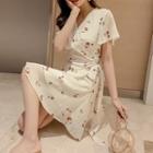 Short-sleeve Cherry Patterned A-line Wrap Dress
