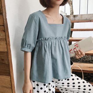 Plain Square Neck Short Sleeve Blouse
