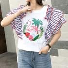 Ruffle-sleeve Flamingo Print T-shirt