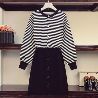 Set: Striped Cardigan + Plain A-line Skirt
