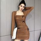 Square-neck Shirred Bow Mini Bodycon Dress