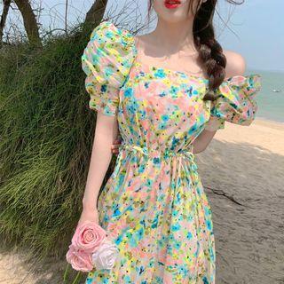 Short-sleeve Floral Print A-line Dress Yellow & Blue & Pink - One Size