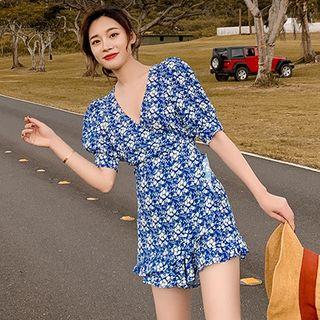 Short-sleeve Floral Print Frill Trim V-neck Playsuit