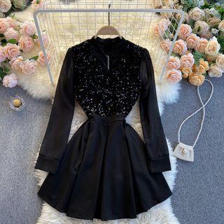 Long-sleeve Sequined Panel Mini Dress
