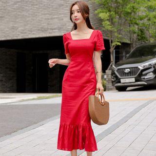 Short-sleeve Square-neck Midi Mermaid Dress