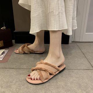 Fringed Crossed Strap Slide Sandals