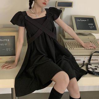 Puff-sleeve Cross-strap A-line Dress Black - One Size