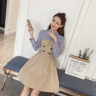 Long-sleeve Shirt Panel Buckled A-line Dress