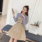 Long-sleeve Shirt Panel Buckled A-line Dress
