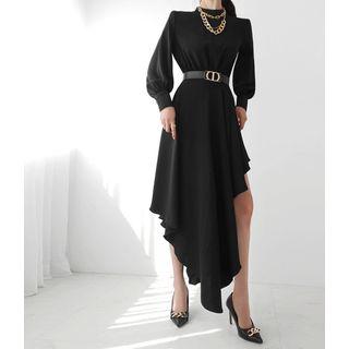 Asymmetric-hem Shirred Dress