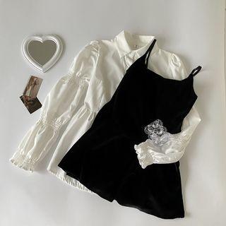 Puff-sleeve Shirt / A-line Overall Dress / Set