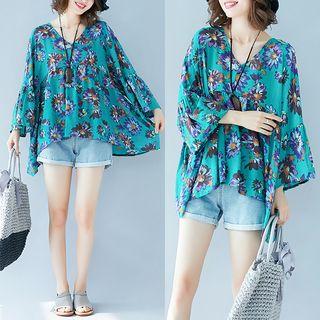 Long-sleeve Floral Print Chiffon Top As Shown In Figure - One Size