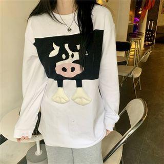 Long-sleeve Cow Embroidered T-shirt