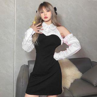 Cold-shoulder Collared Two-tone Frill Trim Mini Sheath Dress