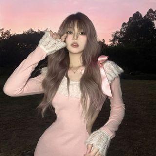 Long-sleeve Lace Panel Cutout Mini Sheath Dress Pink - One Size
