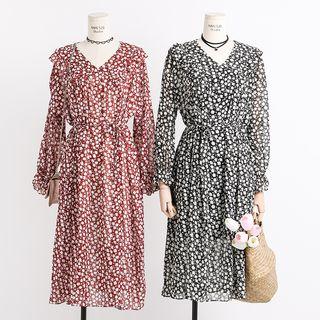 Printed V-neck Chiffon Dress With Sash