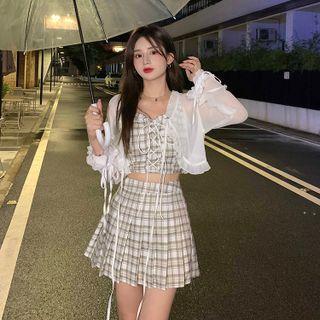 Spaghetti Strap Plaid Top / Mini A-line Skirt / Chiffon Jacket