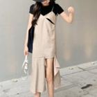 Short-sleeve Plain Tee / Sleeveless Spaghetti-strap Cutout Asymmetric Dress