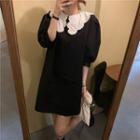 Collared Elbow-sleeve Mini Dress Black - One Size