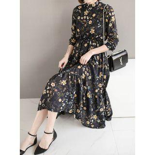 Floral Patterned Mock-neck Maxi Dress With Sash