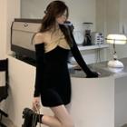 Long-sleeve Cold Shoulder Mini Sheath Dress Black & Khaki - One Size