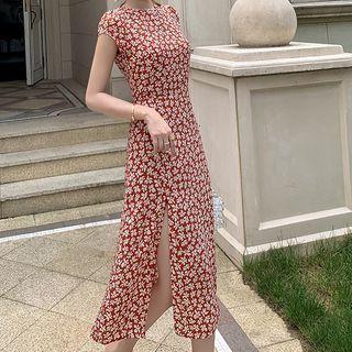 Floral Cap-sleeve Cutout-back Slit Midi A-line Dress
