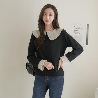 Frilled-collar Striped-trim Top