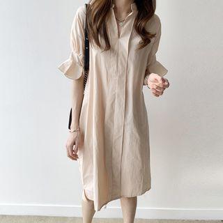 Plain Flared-sleeve Midi Collared Dress