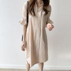 Plain Flared-sleeve Midi Collared Dress