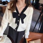 Faux Pearl Button Bow Cardigan