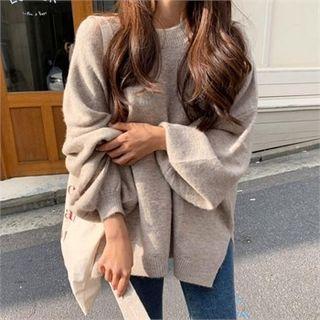Balloon-sleeve Punched Dip-back Sweater Beige - One Size