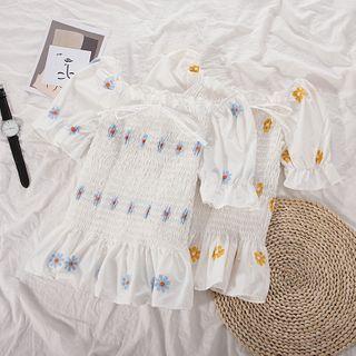 Short-sleeve Embroidered Smocked Top