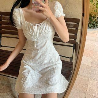 Short-sleeve Tie-neck Crochet Dress