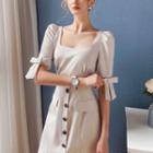 Square-neck Plain Bow Mini A-line Dress