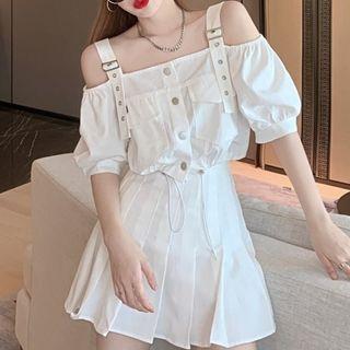 Cold-shoulder Buckle Detail Blouse / Mini Pleated Skirt