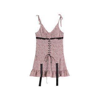 Spaghetti Strap Lace-up Floral Print Dress