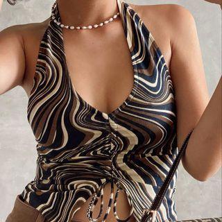 Patterned Drawstring Cropped Halter Top