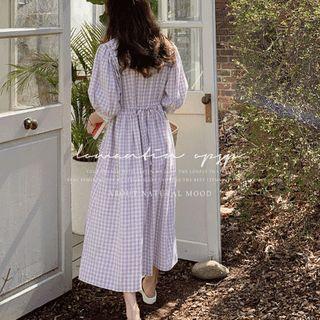 Balloon-sleeve Gingham Long Dress Light Purple - One Size