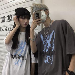 Elbow-sleeve Cupid Angel Print Oversize T-shirt