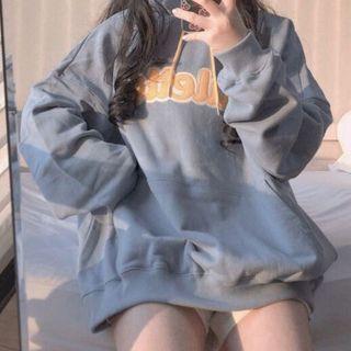 Embroidered Drawstring Oversize Hoodie Milky Blue - One Size