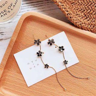 Rhinestone Flower Dangle Earring 1 Pair - 925 Silver - Flower - Black - One Size