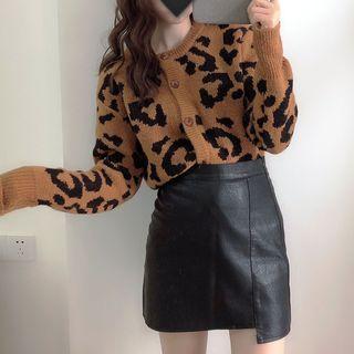 Animal Print Cardigan / Faux Leather Mini Skirt