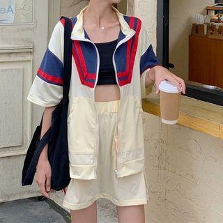 Set: Elbow-sleeve Paneled Zip Jacket + A-line Skirt