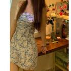 Spaghetti Strap Floral Print Mini A-line Dress White & Blue - One Size